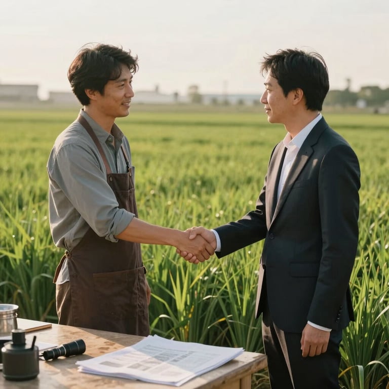 An artisanal producer and a marketing professional shaking hands in a lush green field under a soft afternoon sun.