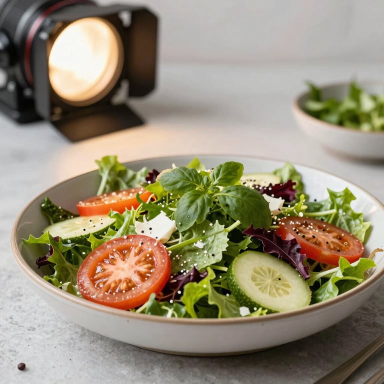 A vibrant farm-to-table seasonal salad being styled for a professional photoshoot in a bright North American studio.