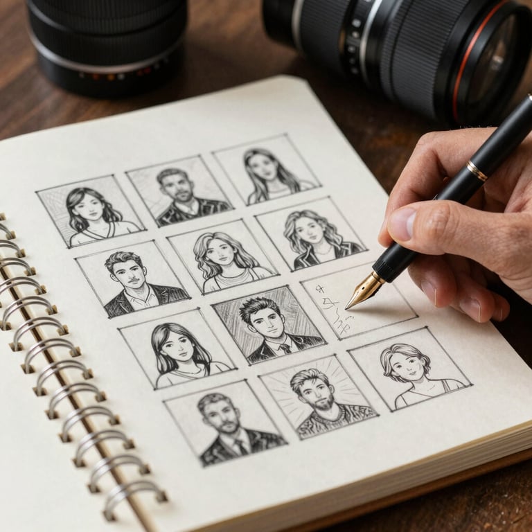 A content creator sketching a social media grid layout on a Crisp Parchment colored notebook with a fountain pen.