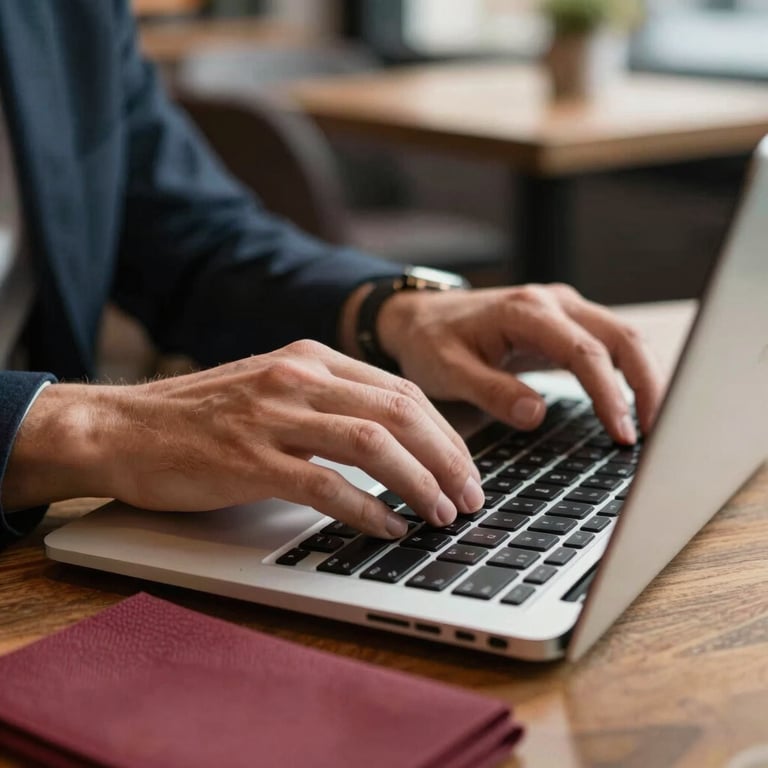 A close-up of a digital marketing expert's hands typing on a laptop in a cozy cafe with Deep Ripe Crimson napkins.