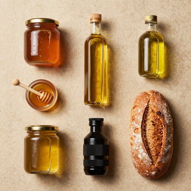 A flat lay of artisanal food products including honey, oils, and fresh bread on a textured Sand colored background surface.