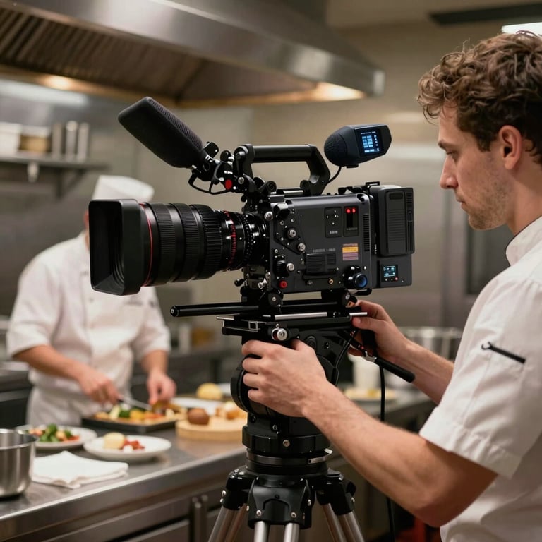 Behind-the-scenes shot of a professional cinema camera filming a chef at work in a sophisticated restaurant kitchen.