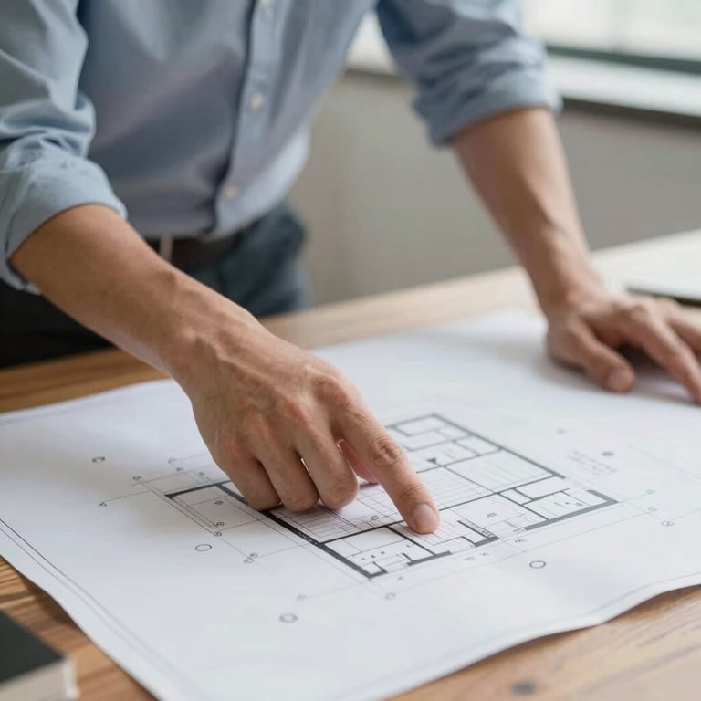 Close-up of a consultant pointing at architectural blueprints on a wooden table, professional and expert focus.