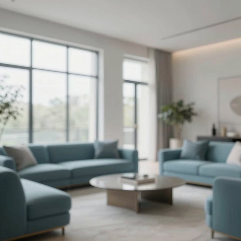 Interior shot of a luxury minimalist living room with large windows, featuring accents of #4B6A7F blue in the furniture.