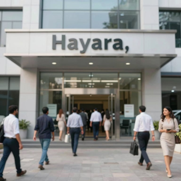 A bustling commercial complex entrance in Haryana, showing professional people entering, clean and modern atmosphere.