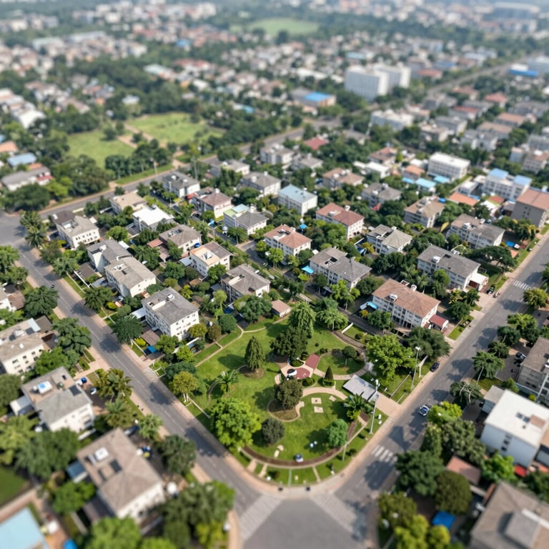 An aerial view of a green, well-planned residential sector in Faridabad with neat roads and parks.