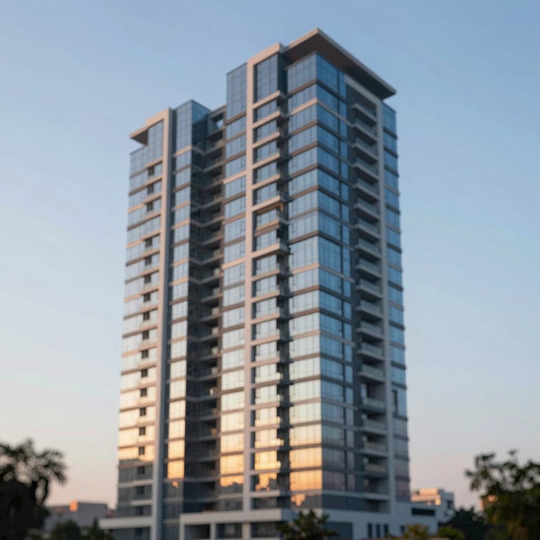 A contemporary residential high-rise in Faridabad, captured during golden hour, reflecting #F5F8FA light against the facade.