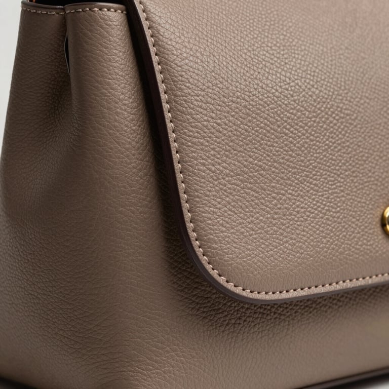 Detail of a meticulously finished leather edge on a taupe bag, studio lighting.