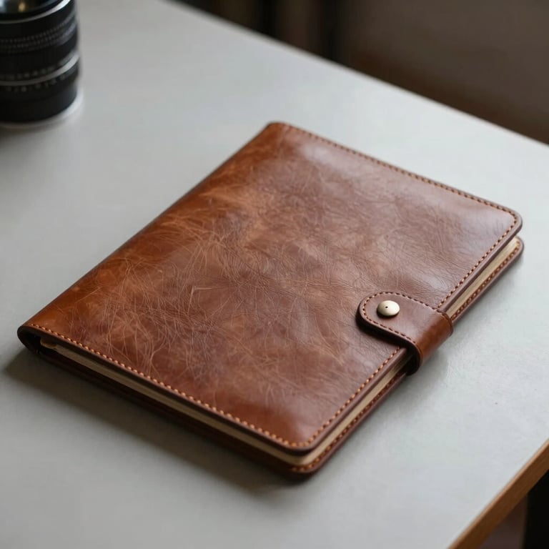 Elegant leather document folder on a minimalist desk, sophisticated South American style.