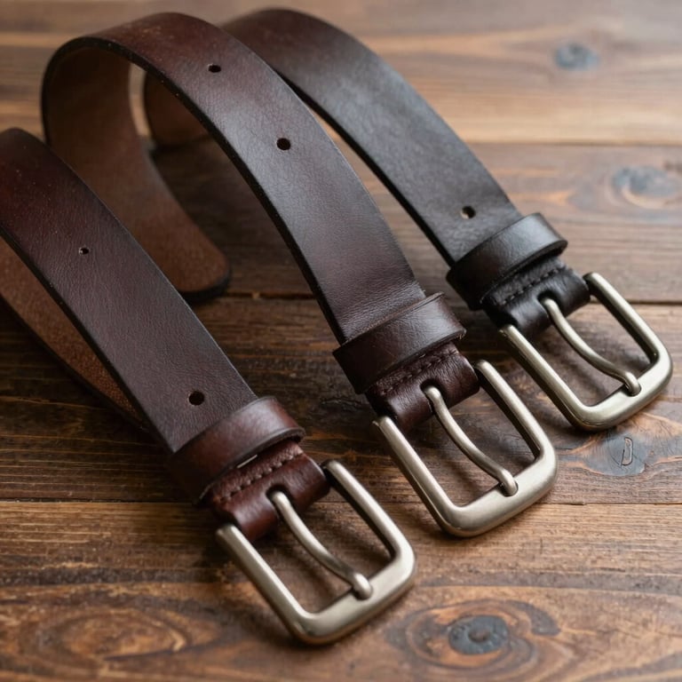 A collection of high-quality dark brown leather belts arranged on a wooden surface.