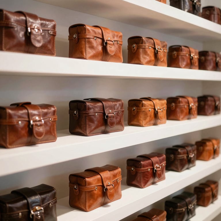 A display of bespoke leather cases in a bright, modern showroom setting.