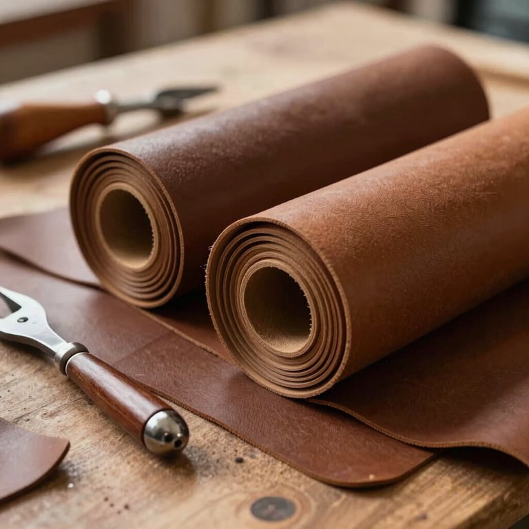 Artisan workshop in Vacaria showing tools of the trade and leather rolls in brown shades.