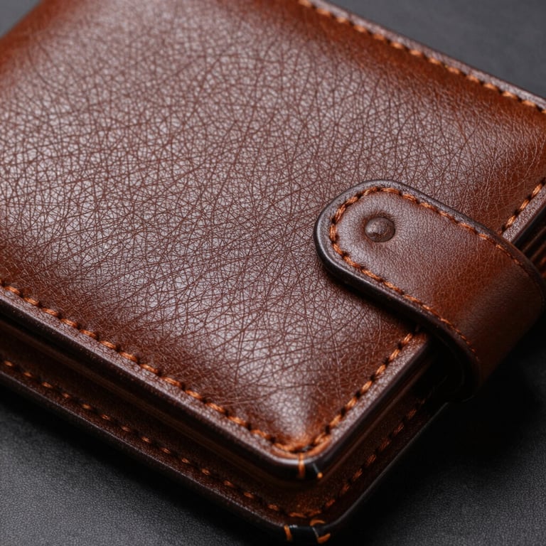 Close-up of a leather wallet showing perfect stitching and grain texture.