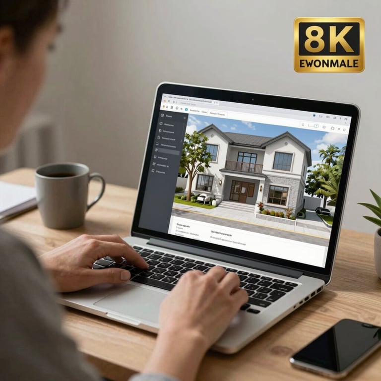 A professional consultant's workspace with a high-resolution 3D home render visible on a sleek laptop screen.