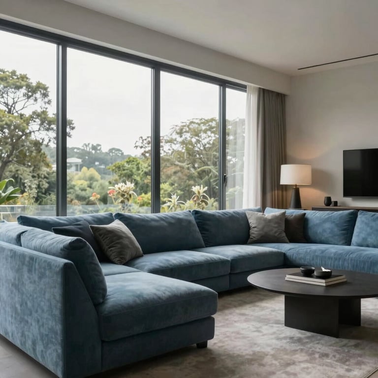 A modern living room featuring floor-to-ceiling windows, slate blue upholstery, and minimalist decor.