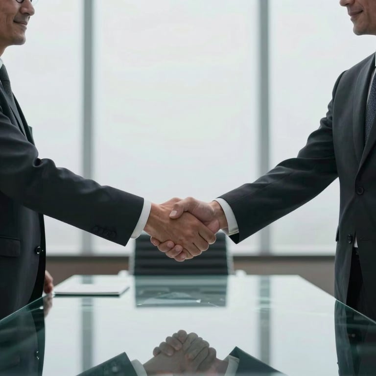 Two professionals in a handshake over a polished glass conference table in a bright, modern corporate office.