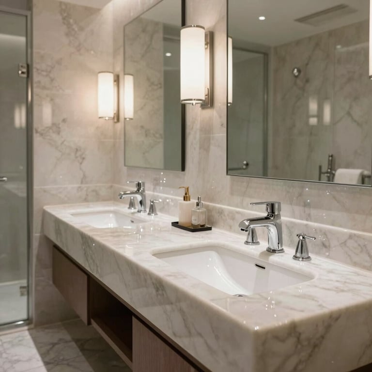 The gleaming interior of a luxury commercial bathroom featuring polished fixtures and soft pearl surfaces installed by the firm.