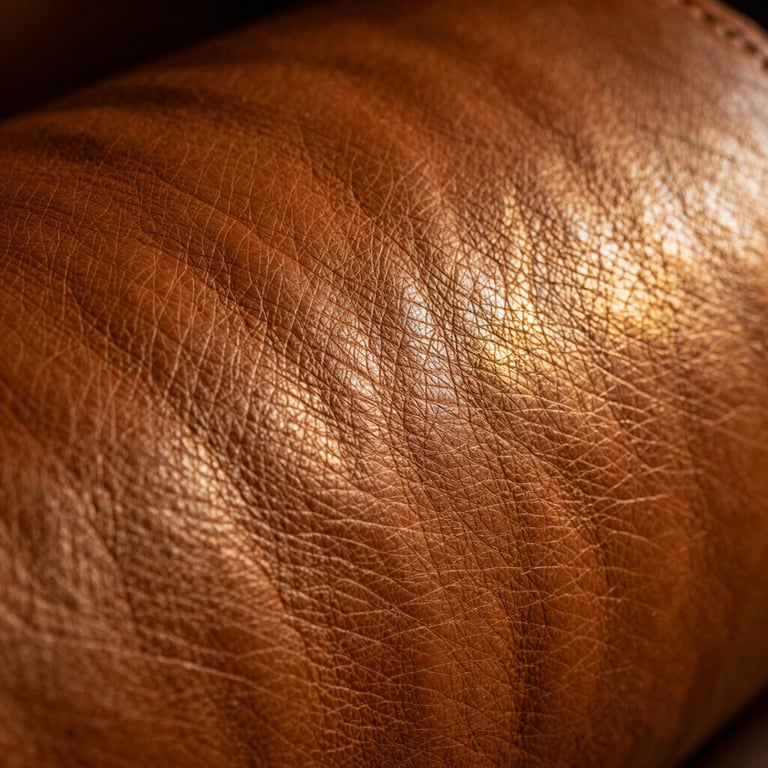 Macro shot of premium full-grain Italian leather texture, warm cognac color with subtle gold reflections, dramatic low-key lighting showing deep grain.