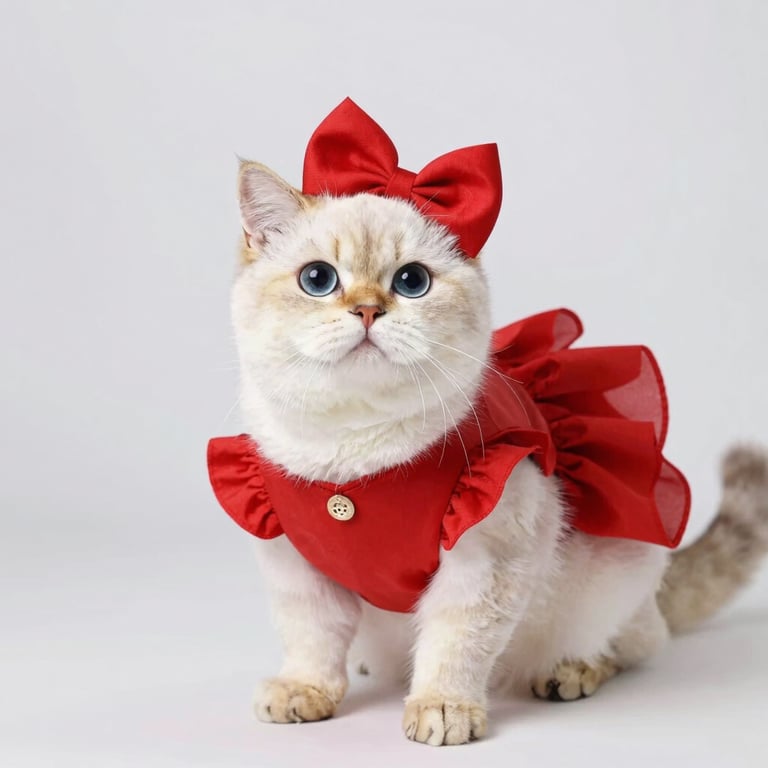 Adorable gatita blanca con un elegante vestido rojo y una diadema a juego para una sesión de fotos de moda para mascotas.