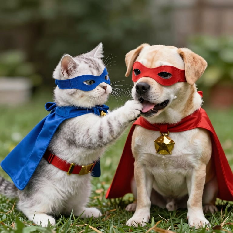 Un adorable gatito y un perro disfrazados de superhéroes, con capas y máscaras, están sentados en un jardín verde.