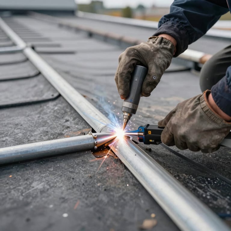 A close-up of a high-quality industrial roofing seam being welded for a flat roof system, showing professional precision.