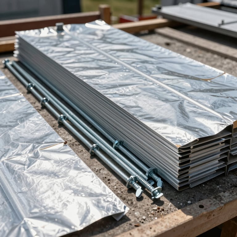 Close-up of industrial roofing materials like silver membranes and fasteners organized on a job site.