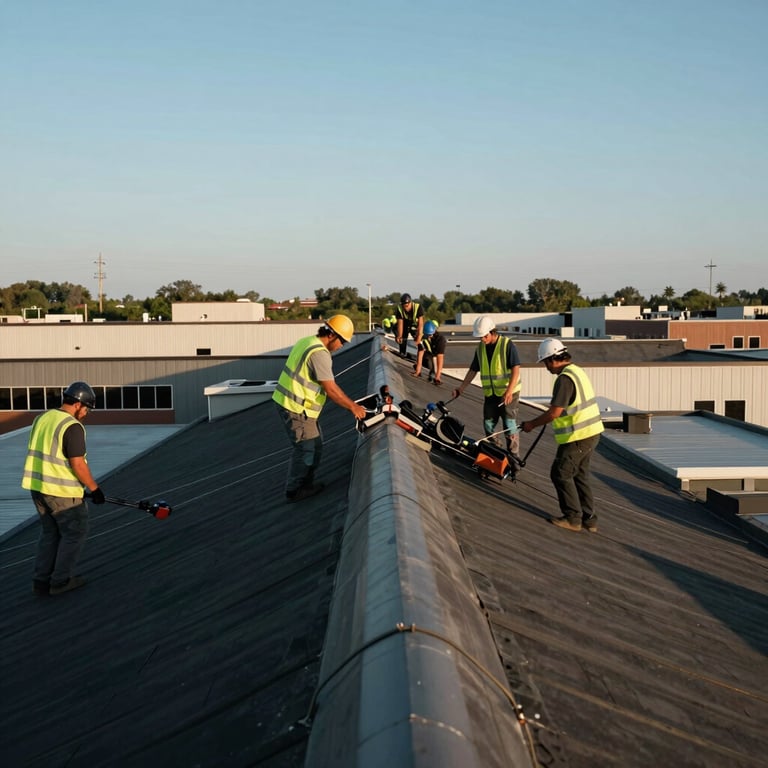 A wide shot of a roofing crew wearing safety vests working on a large commercial building roof in North American / US during the day.