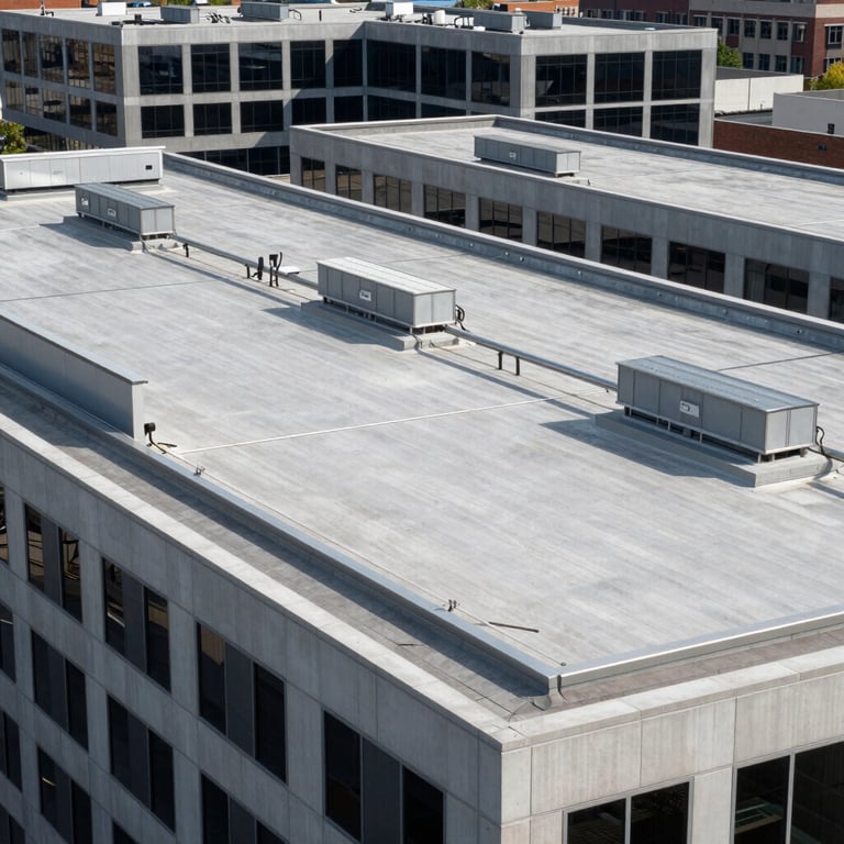 The exterior of a modern office building in New Jersey with a perfectly maintained commercial roofing system.
