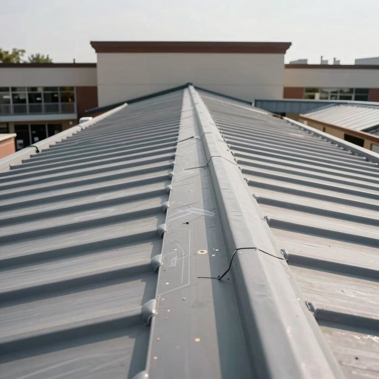 A finished commercial roof replacement on a large shopping center, showing clean lines and professional finishing.