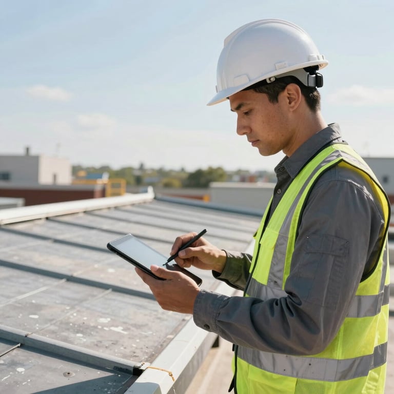 A professional inspector in North American / US attire using a tablet to document a warehouse roof condition.