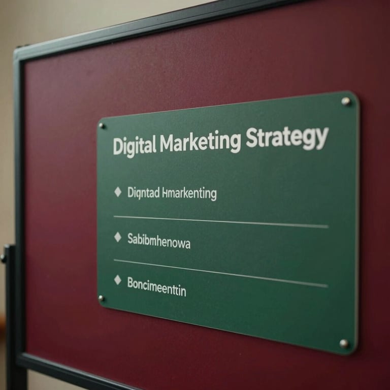 A close-up of a digital marketing strategy board with deep ripe crimson notes and matte forest green highlights.