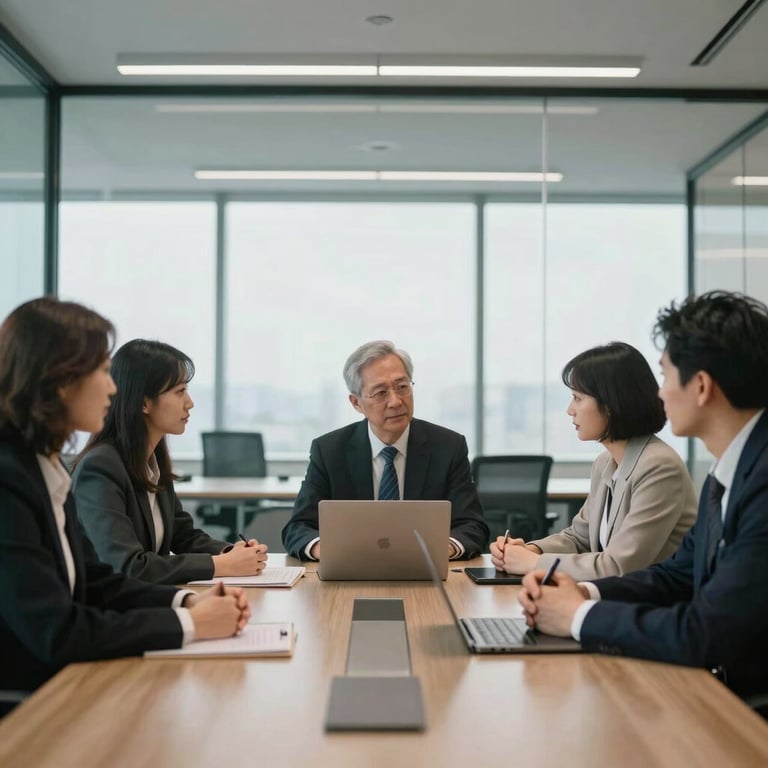 A collaborative team meeting in a glass-walled office, with natural light and a clean, sophisticated professional aesthetic.