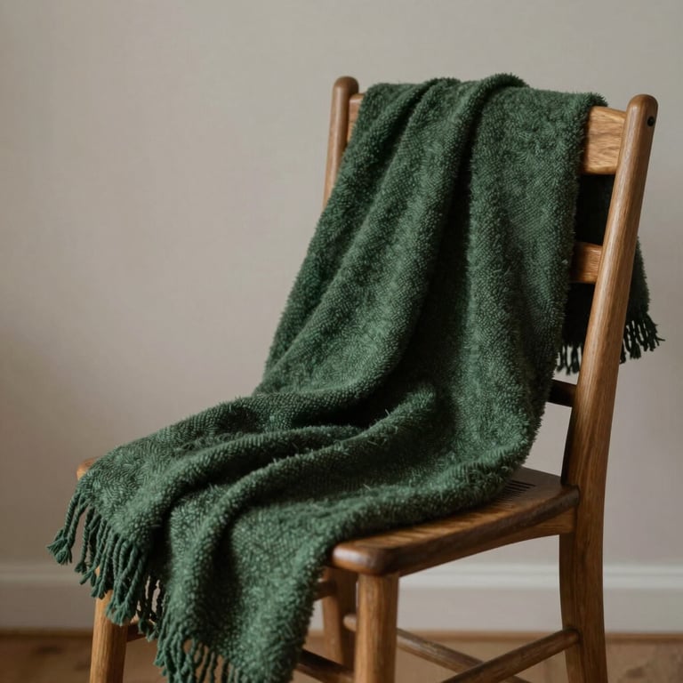 A cozy Scandinavian interior with a wooden chair and a forest green throw blanket, capturing a peaceful lifestyle vibe.