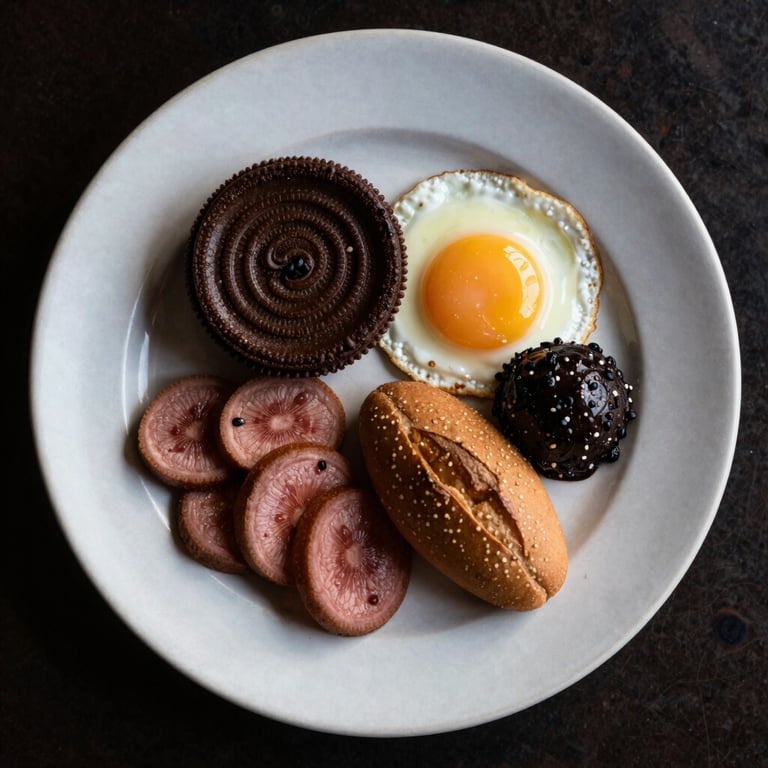 A top-down view of an artisanal breakfast on a crisp parchment ceramic plate, representing the refined lifestyle side of the brand.