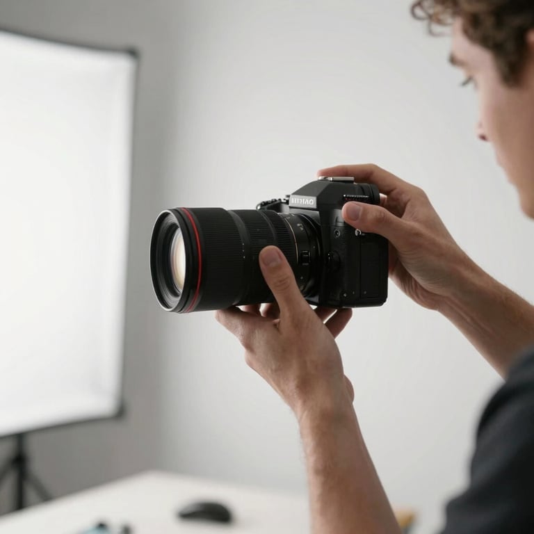 A creative director's hands adjusting a high-end camera lens in a bright, modern studio with crisp parchment walls.
