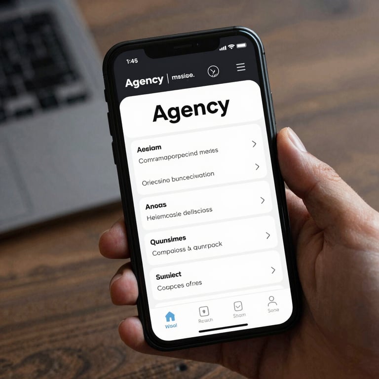 A professional holding a smartphone showing a sophisticated agency dashboard with sleek fonts and high-contrast UI.