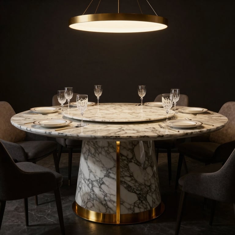Bespoke marble dining table with custom gold joinery under a warm minimal chandelier, luxury plates and crystal glasses arranged for a formal dinner, dark moody background