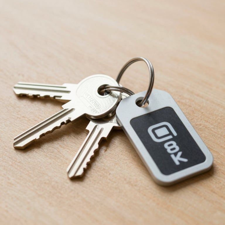 A set of modern high-security keys and a branded key tag resting on a light wood surface.