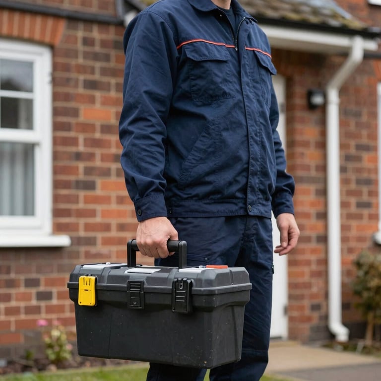 A locksmith in a dark blue uniform standing outside a brick house in Ruislip, holding a professional toolbox.