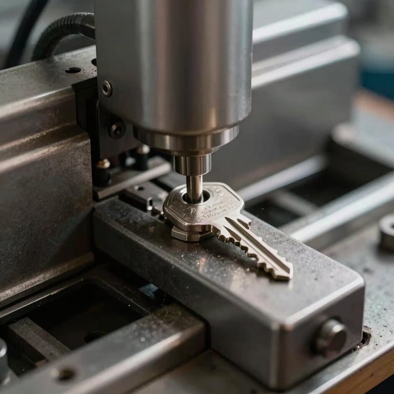 Detailed photography of a key cutting machine precisely carving a new silver key, professional workshop setting.