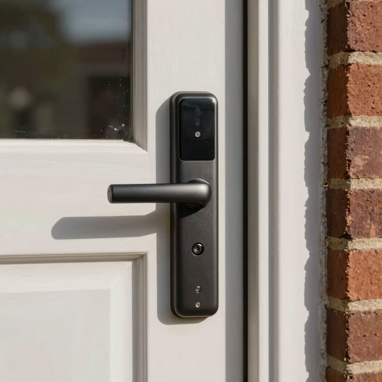 A well-lit residential entrance in Ruislip with a modern security handle and lock, daytime setting.