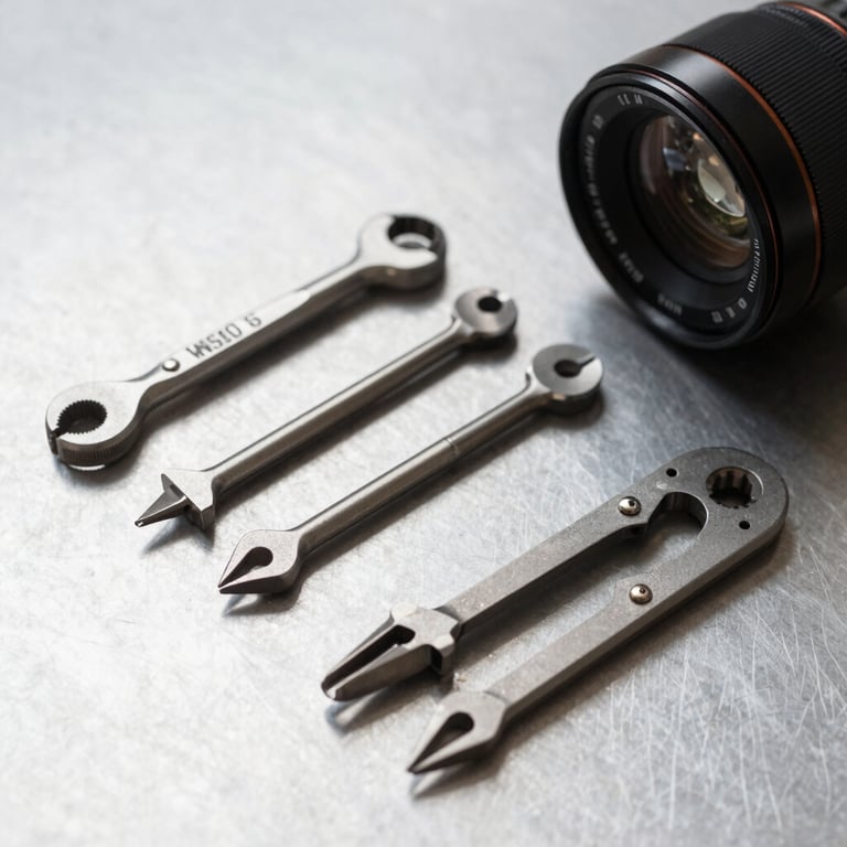 A professional locksmith tool set neatly arranged on a clean silver metal surface.