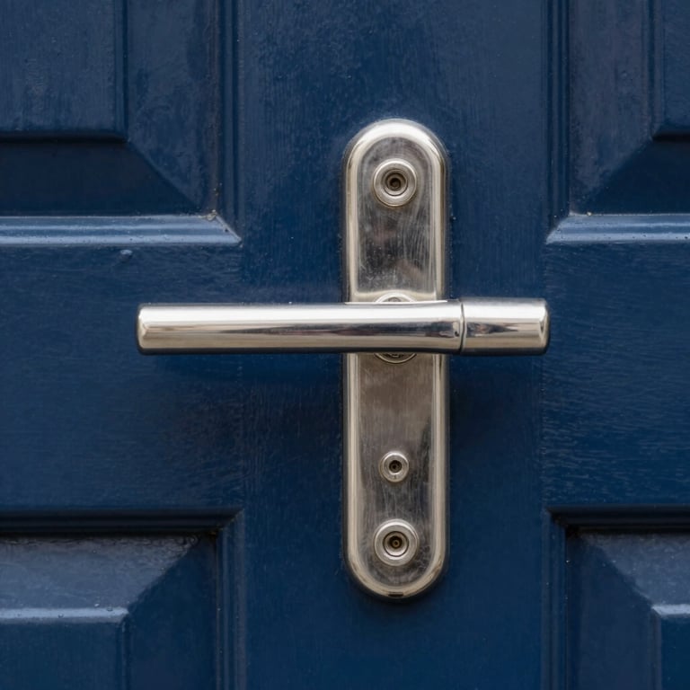 Macro shot of high-security silver door hardware on a navy blue residential door, Northern European / British style.