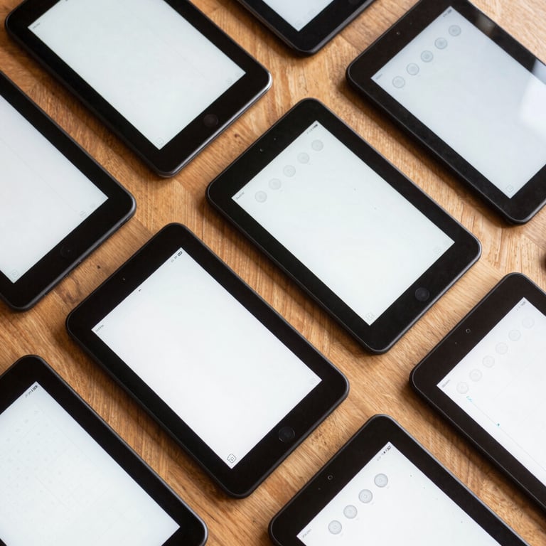Top-down overhead view of multiple budget Android tablets laid out on a clean wooden desk, displaying structured wireframes with large tactile buttons under soft daylight.