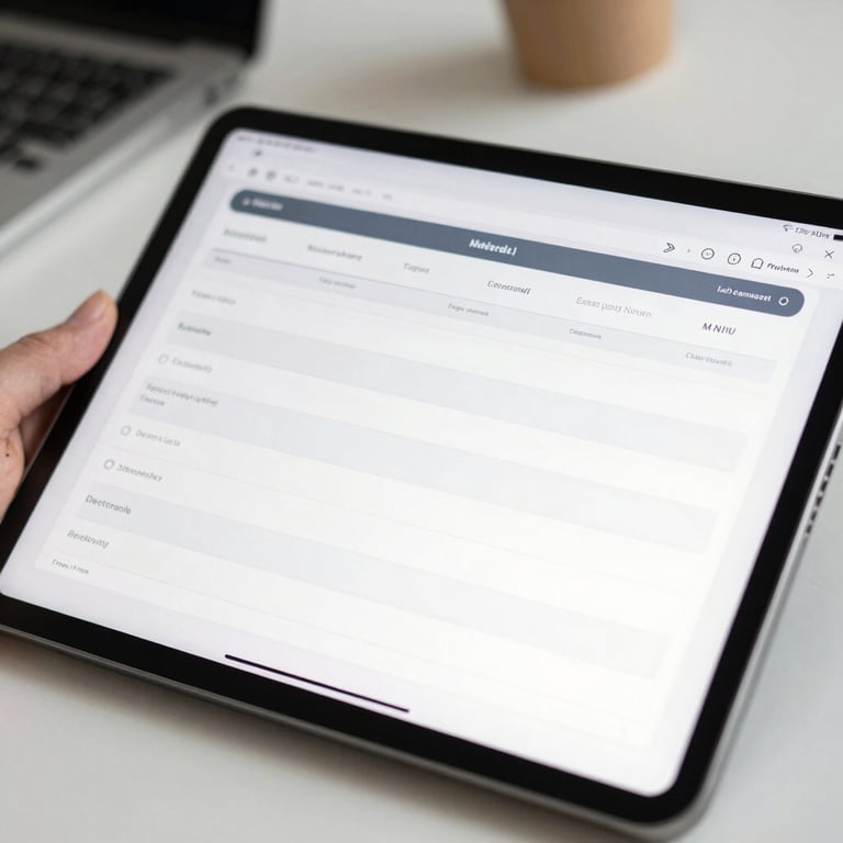 Close-up of a digital tablet displaying a clean, professional productivity template in a bright North American / European workspace.