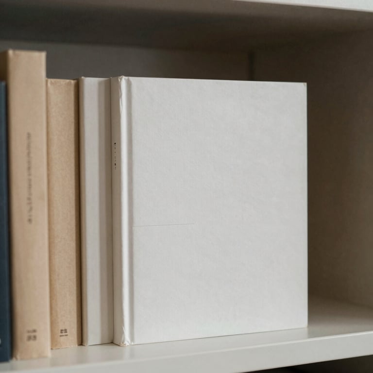 A collection of minimalist book covers in soft off-white and warm beige stacked on a muted light gray shelf, North American / European home library.