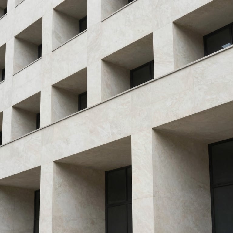 Abstract architectural detail of a modern, minimalist North American / European building in soft off-white stone.