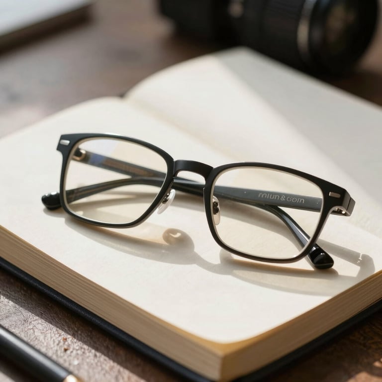 A pair of reading glasses resting on a thick, textured paper journal, soft morning light in a refined setting.