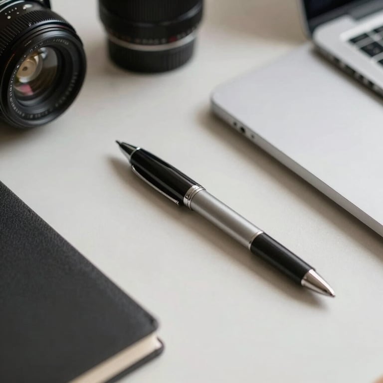 Detail of an organized workspace with neutral-toned office supplies and a single high-quality pen, North American / European context.