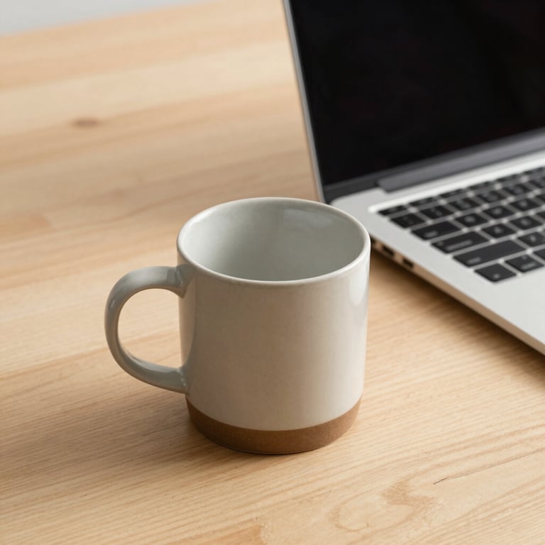 A simple ceramic mug on a warm beige wooden surface next to a sleek laptop, calm editorial composition.